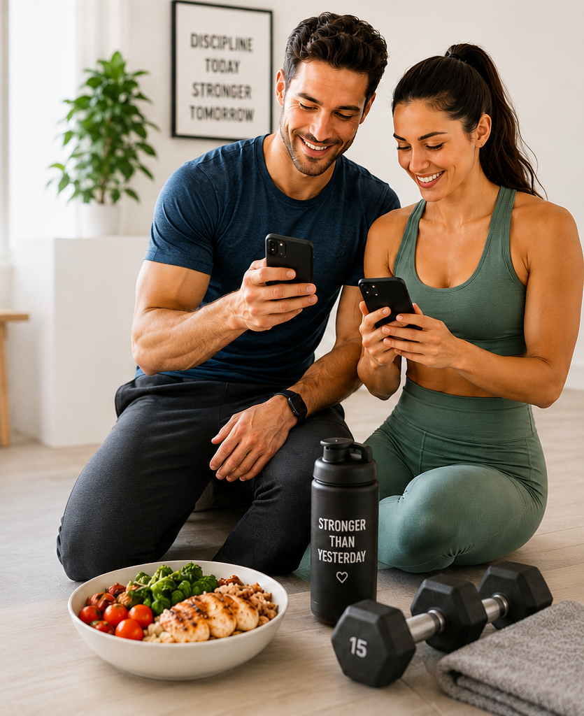 Smiling couple reviewing their wellness app on phones with a healthy meal, water bottle, and dumbbells